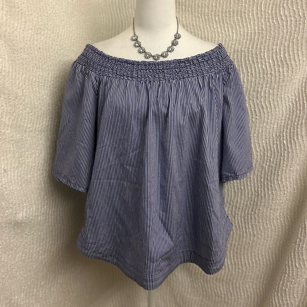 7th Ave NY & Co XL Off Shoulder Shirt Navy White Stripe High Low Floaty Top